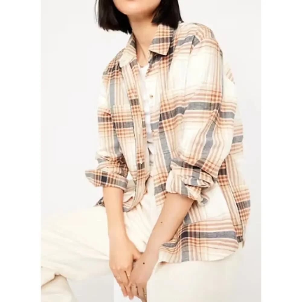 Old Navy Cream Plaid Flannel Boyfriend Button Down Shirt Top NEW XL Womens Warm - Picture 7 of 9